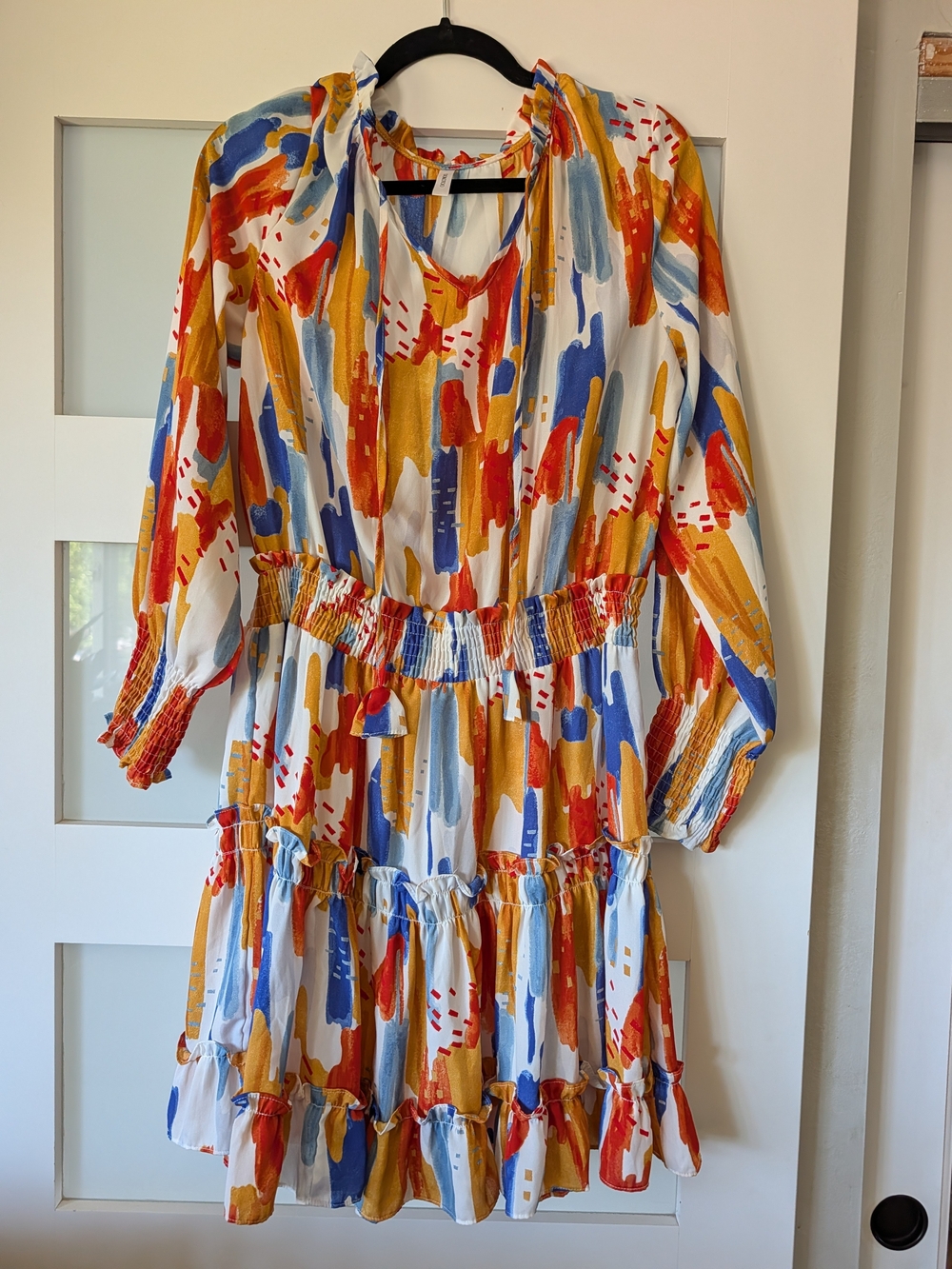 Brushstroke Mini Dress with Blue, Mustard & Orange Abstract Print